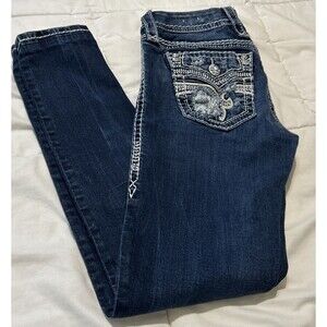 Rock Revival  “Celinda” Skinny Jeans Sz 26 Low Rise Thick Stitch Fleur De Lis